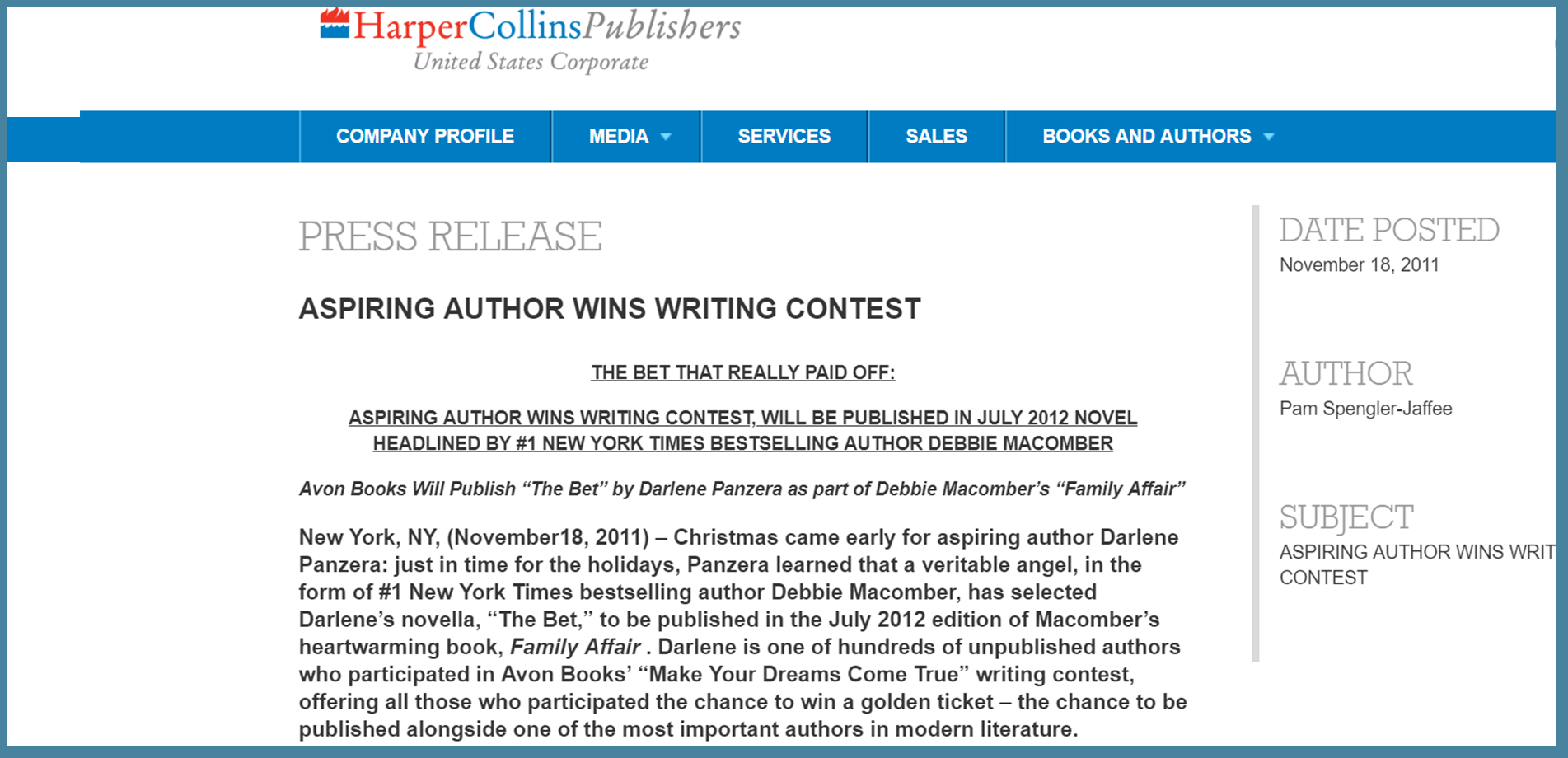 ASPIRING AUTHOR WINS WRITING CONTEST - HarperCollins Publishers 3