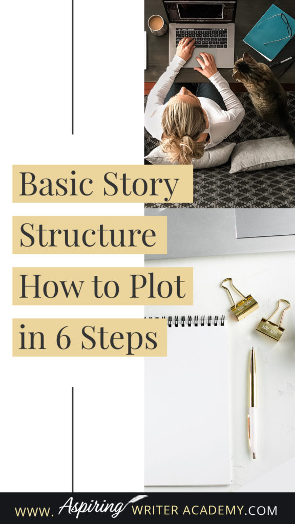 Plot is what happens when your main character moves through the sequence of interrelated scenes of your story. Now there are several instructors who teach various plotting structures, some simple and some more complex. At Aspiring Writer Academy, we have both. But to launch you in the right direction when you are still brainstorming, we created an easy 6-step template for popular fiction to help you grow that initial idea into a “working draft of a story.”