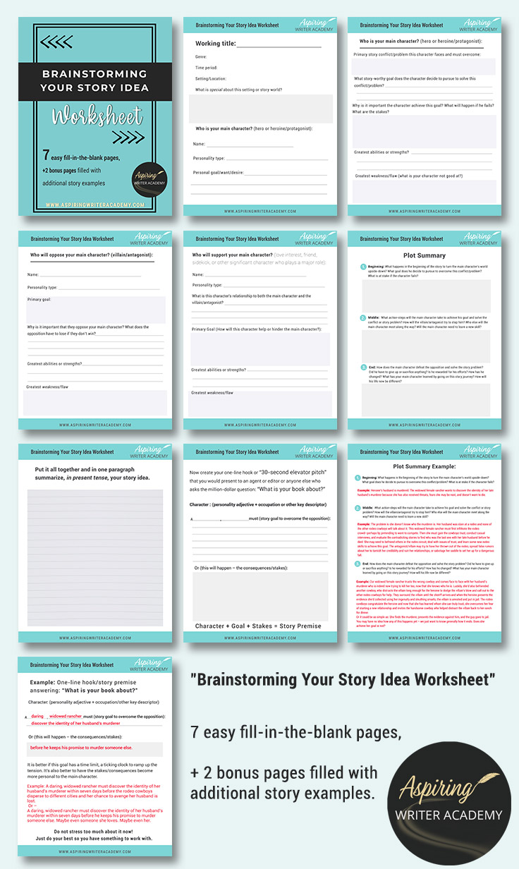 "Brainstorming Your Story Idea Worksheet" 7 easy fill-in-the-blank pages, + 2 bonus pages filled with additional story examples.