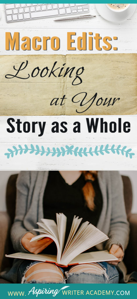 Macro editing looks at the whole story from beginning to end to see if the story makes sense, the characters are consistent with their personality, the plot structure is set up properly and functions to push the story forward. #Writing #writingfiction #WritingTips #Writer #Writers #WritersLife #WritingAdvice #writingtip #writingtips #GetPublished