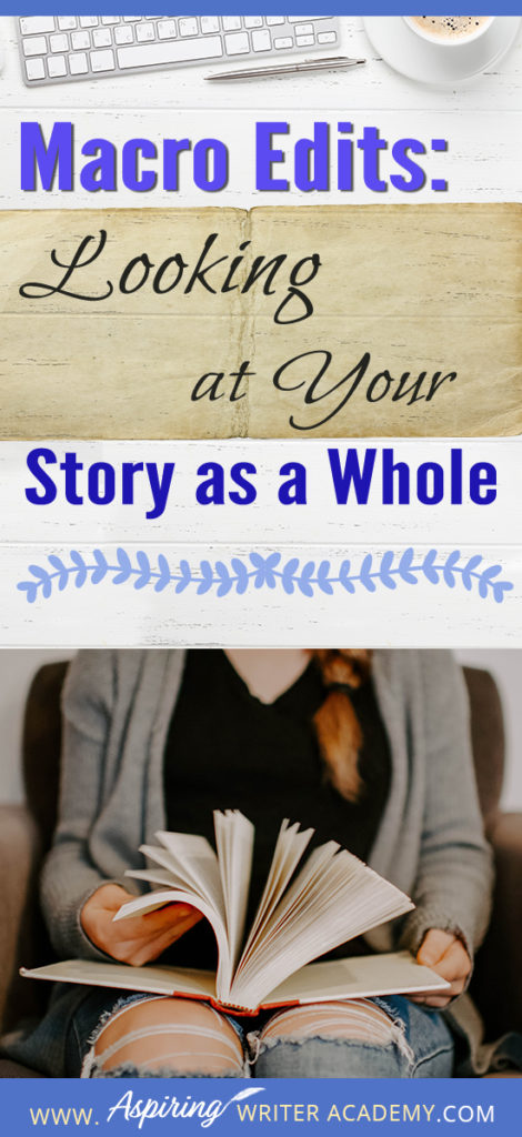 Macro editing looks at the whole story from beginning to end to see if the story makes sense, the characters are consistent with their personality, the plot structure is set up properly and functions to push the story forward. #Writing #writingfiction #WritingTips #Writer #Writers #WritersLife #WritingAdvice #writingtip #writingtips #GetPublished