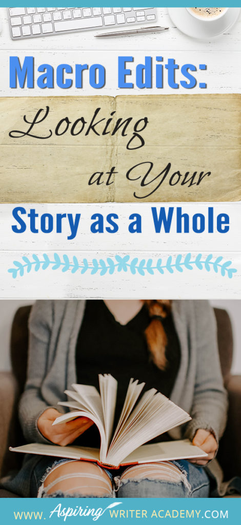 Macro editing looks at the whole story from beginning to end to see if the story makes sense, the characters are consistent with their personality, the plot structure is set up properly and functions to push the story forward. #Writing #writingfiction #WritingTips #Writer #Writers #WritersLife #WritingAdvice #writingtip #writingtips #GetPublished