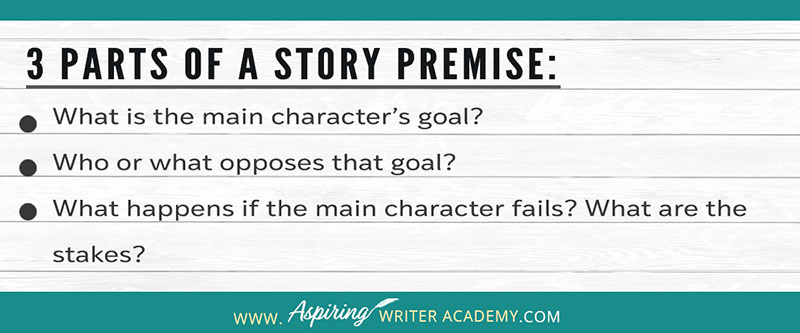 Writing Fiction: How to Develop Your Story Premise. 3 Parts of a Story Premise: — What is the main character’s goal? — Who or what opposes that goal? — What happens if the main character fails? What are the stakes? #Writing #writingfiction #WritingAdvice #writingtip #writingtips #GetPublished #writinghelp #writingcommunity #writingadvice