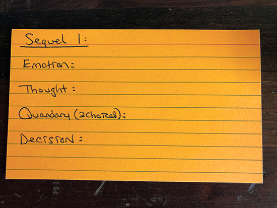 Use Index Cards to Help You Plot 1. Take a stack of index cards and on the first card write: Scene 1 and vertically list the components (goal, conflict x 3, and disaster) that will make up that scene. Beside each component, list what will happen in this scene. You do not have room for complete sentences. Fragments are okay. Just a few words or a short sentence to list your ideas.