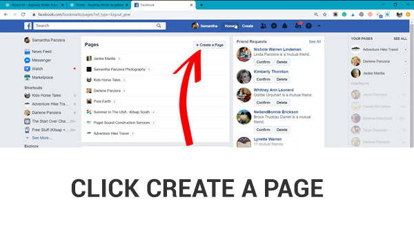 After clicking on Manage Pages (if you are already currently managing pages) you will be brought to another page where you can see all the different pages you manage. At the top, there is the Create A Page button. Click on that.