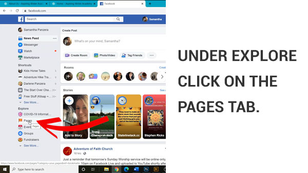 Another method to create a business account is from your Facebook home page, on the left sidebar under the text saying Explore. Click on the Pages tab.