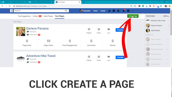 Next You will be brought to a page where you can see all the pages you manage. From this page, you can click the green button in the top right corner that says Create A Page.