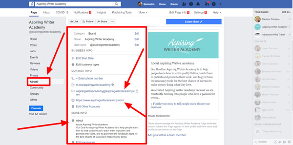 Edit Your 'About' Section On your business profile home page on the left-hand sidebar, you can see your About section. If you do not immediately see About, click See More, and then you should see About. Once you are in your About section, you can enter your website URL, Email (where people can contact you), Awards you may have won, and a short Author Bio.