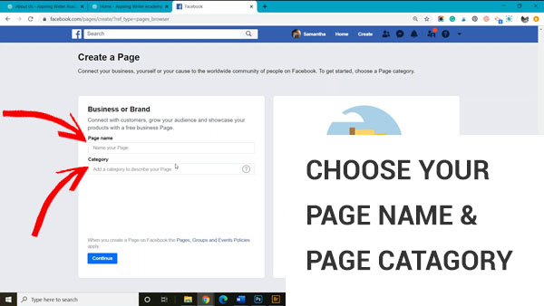 Create Your Page Name and Select a Catagory Once you have chosen Community or Public Figure you will need to enter your page name. As an author, you will want to make sure that your page name matches what is on your books. Enter either your real name, or your pen name. Next, Facebook will ask you to choose a category. As a writer, you will most likely want to choose Author.