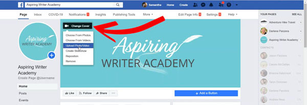 If you hit Skip on uploading a timeline cover you can upload a cover later. On your new Author Facebook Page, you can hover the mouse over your timeline cover and click either: Choose From Photos Choose From Videos Upload Photos/Video Create a Slideshow You also get options to Reposition your cover or Remove your timeline cover.