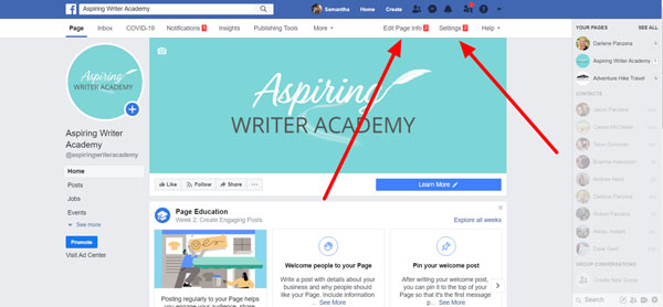 Access Additional Page Settings to Edit Another way to make changes is to access Edit Page Info which is located on the top bar. Or click on the Settings tab.