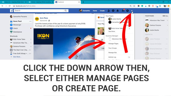 Create Your Page First, you will want to log into your Facebook account. Once you are logged into your Facebook account you will want to hit the down arrow in the top right corner of your Facebook page. After you have clicked on the down arrow you will want to: Click on Manage Pages if you already are managing a Facebook page. Or if you currently do not have any Business Pages you will hit Create Page.