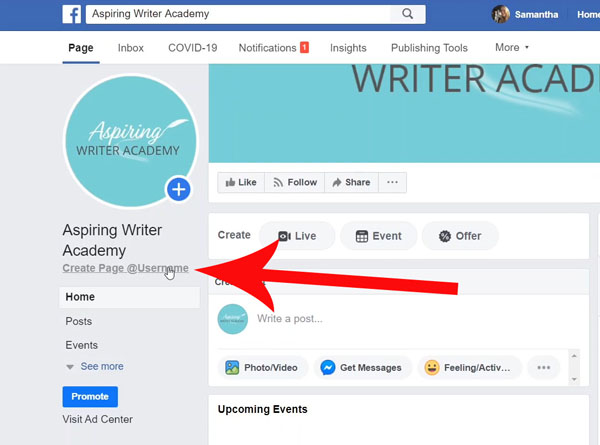 Create a Page Username After creating your Facebook page timeline cover you will want to create a Page Username. Page usernames make it easy for people and other pages to tag your page in a post. This can potentially lead you to get more traffic to your page so you can gain more fans. To get started click Create Page @username right below your author profile pic.