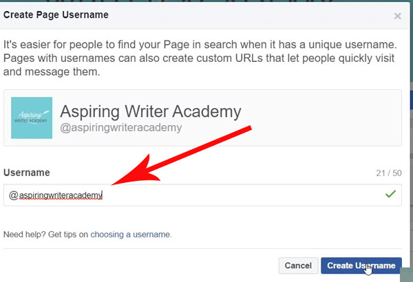 Your page username is all one word with no spaces following the @ symbol. Your page username should match your real name or author pen name. After you have entered your username click Create Username button.