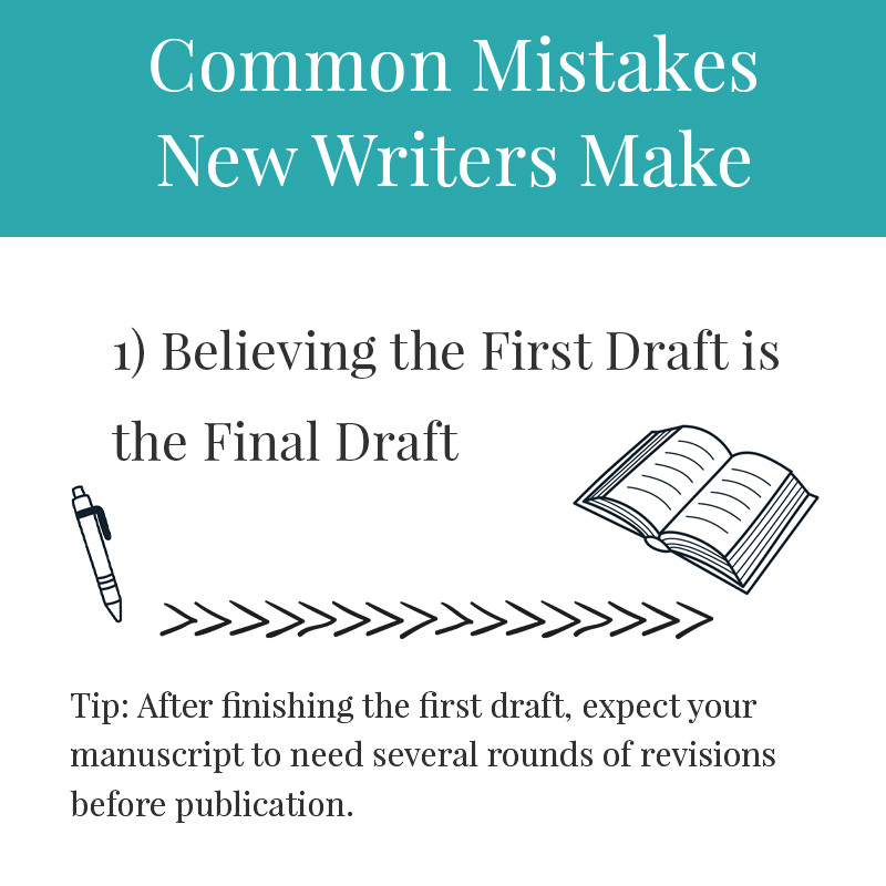 5 Common Mistakes New Writers Make 1) Believing the First Draft is the Final Draft Many aspiring writers are so excited when they finally type ‘The End,’ they think that their work is finished, that the manuscript is ready for publication. This is especially true if the writer decides to ‘do this on their own’ and is not connected with any type of writing group. (Which is why joining a writing group is so important!)