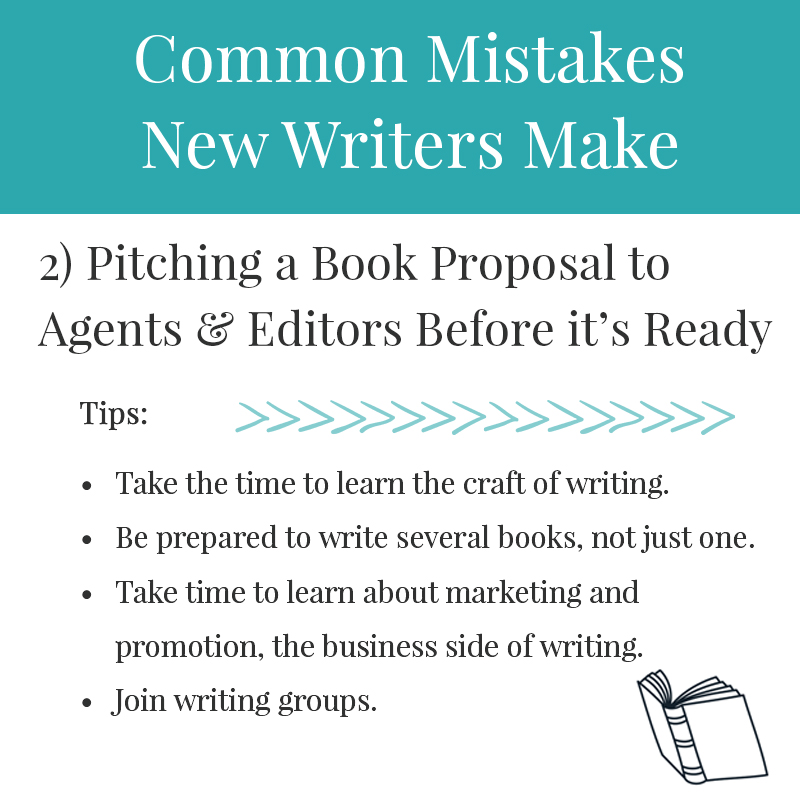 5 Common Mistakes New Writers Make 2) Pitching a Book Proposal to Agents & Editors Before it’s Ready Aspiring writers may also be so excited by the fact that their book is finished, or an agent or editor is attending a writer conference, that they may ‘pitch’ or submit their book before it is ready, then are met with disappointment when the book is rejected.