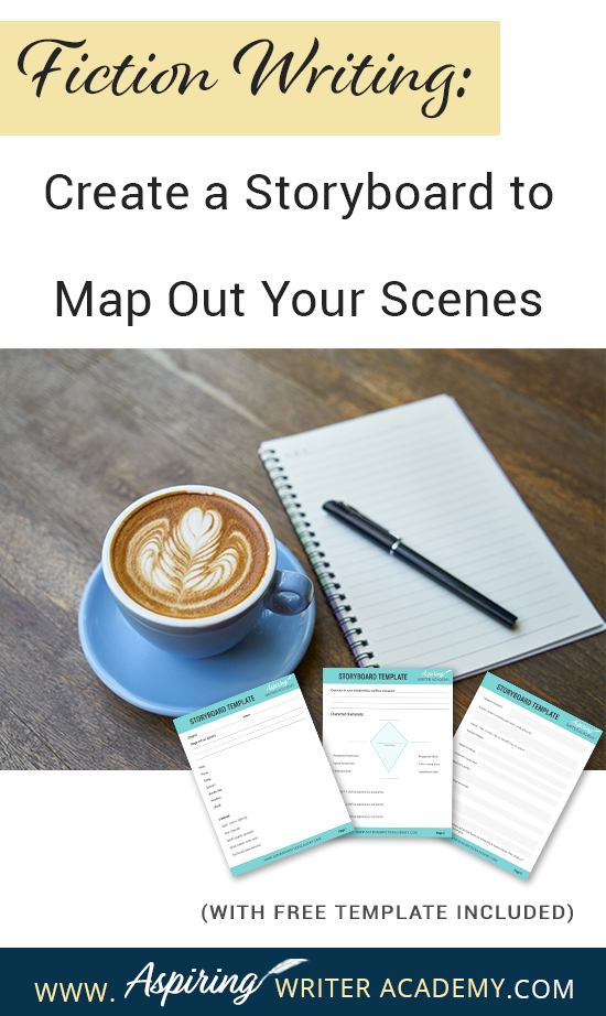 What is the first step to writing a scene? While some writers just wait to see what comes to mind, it is helpful for most writers to have a plan. Figuring out the scene details and objectives on a “Storyboard” beforehand allows you to write your scenes with ease. If you are unsure how to craft a vibrant, compelling, purpose-filled scene, follow along as we help you with the framework in our post, Fiction Writing: Create a Storyboard to Map Out Your Scenes, with our Free Template.