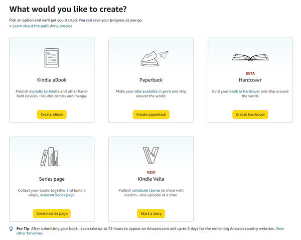 On this page, you can select what sort of product you wish to create. Do you want to create a Kindle eBook? A paperback book? A hardcover print book? A Series Page for your book series? Or a Kindle Vella? You will have to create each version of your book separately.