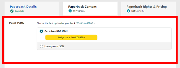 Select whether you wish Amazon to assign you a free KDP ISBN number or if you will use your own purchased ISBN. If you do not know the difference between the free Amazon ISBN number and universal ISBN numbers, we recommend checking out our blog post: What Authors Need to Know About ISBN Numbers Before Self-Publishing. Our blog post covers what authors need to know about ISBNs, how they are used, how much they cost, and where you can purchase one for your books.