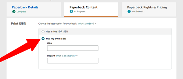 Select whether you wish Amazon to assign you a free KDP ISBN number or if you will use your own purchased ISBN. If you do not know the difference between the free Amazon ISBN number and universal ISBN numbers, we recommend checking out our blog post: What Authors Need to Know About ISBN Numbers Before Self-Publishing. Our blog post covers what authors need to know about ISBNs, how they are used, how much they cost, and where you can purchase one for your books.