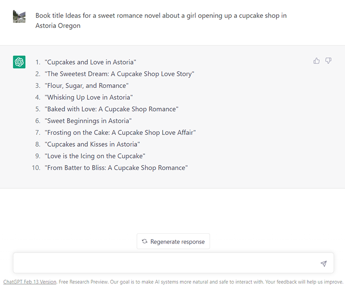 To begin brainstorming book titles with ChatGPT authors can enter information about their books like the genre, plot, and the key themes of their story. After entering what your novel is about, ChatGPT will generate a list of potential book title ideas. Granted some title ideas may be pretty cheezy but some suggestions can be surprisingly good.