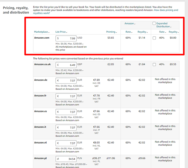 Select Pricing, Royalties, and Distribution Many authors will choose the 60% royalty distribution, but for authors who want their book to go to expanded distribution, such as libraries, universities, and other booksellers outside of Amazon, the royalty rate is 40%. The choice is entirely up to each author but for most, it is better to choose the 60% royalty cut option.