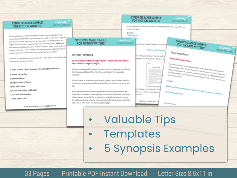 Struggling to condense your intricate plots and rich characters into a 2–5-page document for potential publishers? Our 33-page Synopsis Made Simple For Fiction Writers Bundle, offers valuable tips, templates, and 5 synopsis examples to help you create an engaging summary of your fictional story.