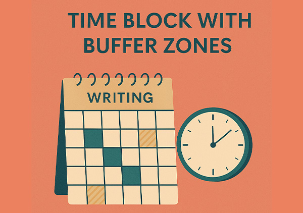 Start by looking at your calendar for the week. Take note of your appointments and other obligations, then block out possible writing windows—even if they’re just 15–30 minutes. Don’t wedge your writing time too tightly. Build in buffer zones to account for the unexpected: the post office run, the extra-long doctor’s appointment, the last-minute errand. If you want your writing time to stick, you have to plan for real life.